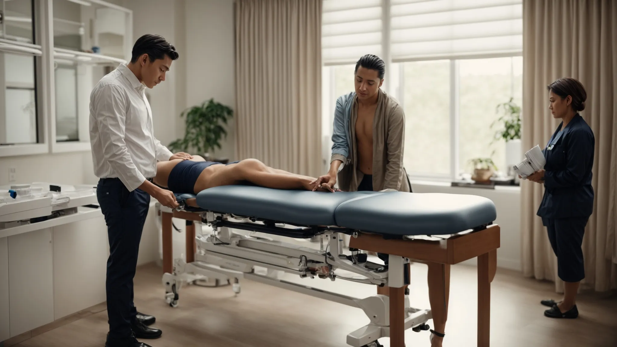 a chiropractor prepares to adjust a patient's lower back using a specialized drop table in a clinic setting.